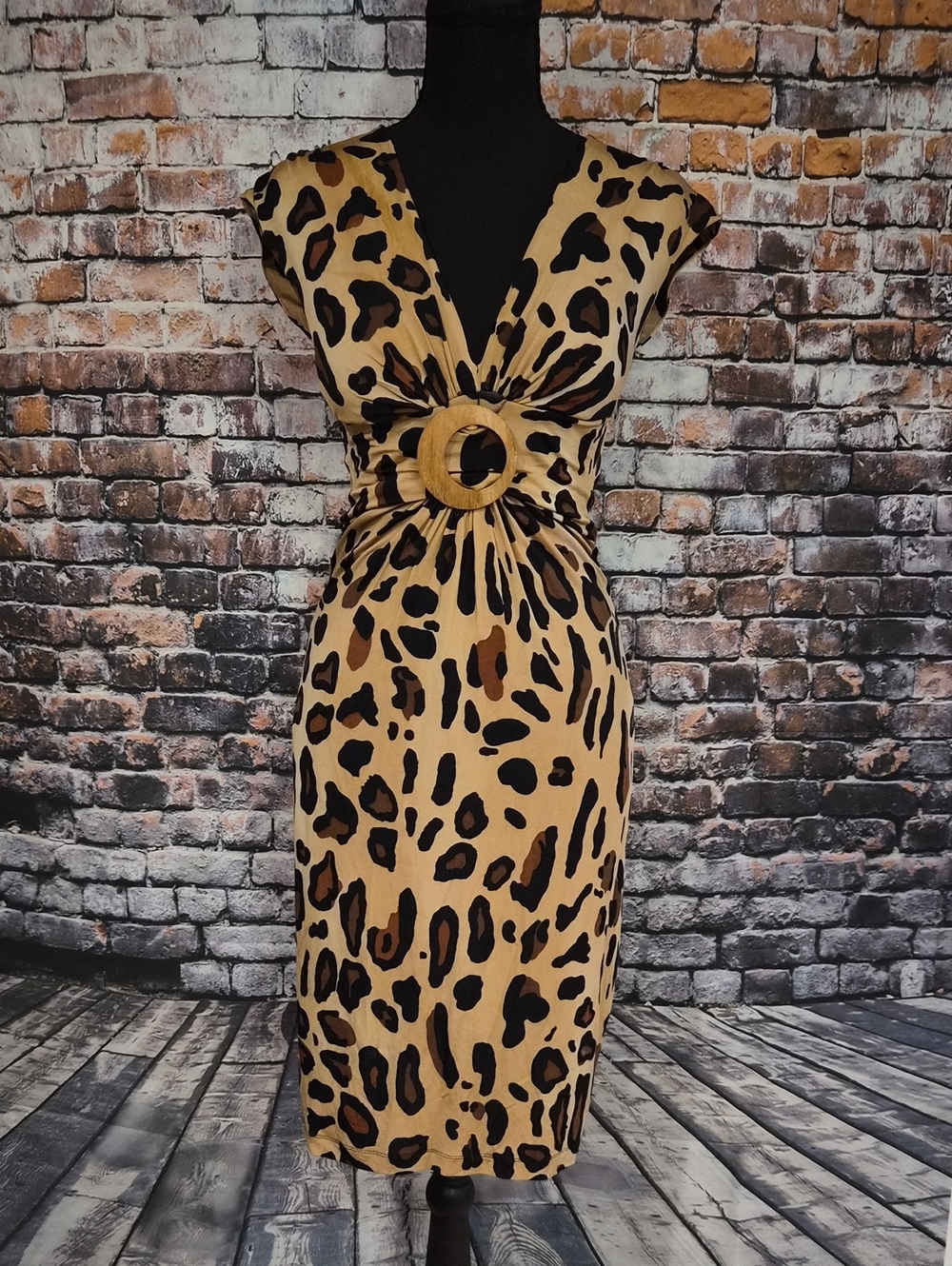 Cache Leopard-Print Ring-Waist Midi Dress in Tan and Black